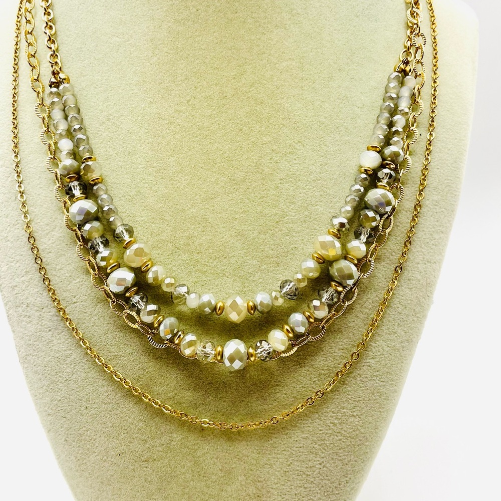 Gray Beaded Multi Row Drape Layered Necklace. Gol… - image 1